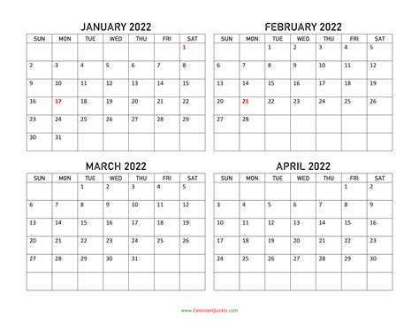 4 Month Printable Calendar 2022